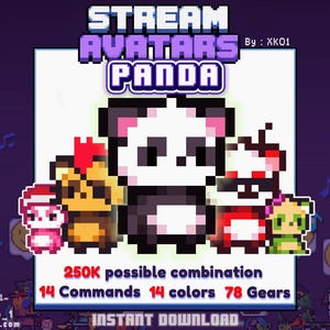 Puede incluir: Un gráfico digital que presenta avatares de panda en pixel art con el texto STREAM AVATARS PANDA By: XKO1. La imagen muestra cinco personajes panda coloridos e incluye el texto 250K possible combination, 14 Commands, 14 colors, 78 Gears e INSTANT DOWNLOAD.