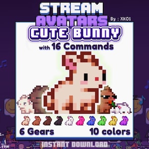 Könnte beinhalten: Eine digitale Pixel-Art-Grafik mit dem Titel STREAM AVATARS CUTE BUNNY von XKO1. Sie zeigt eine helle Hasenfigur in der Mitte, kleinere Variationen und eine Reihe von 10 farbigen Hasensymbolen. Der Text enthält 16 Commands, 6 Gears und 10 colors.