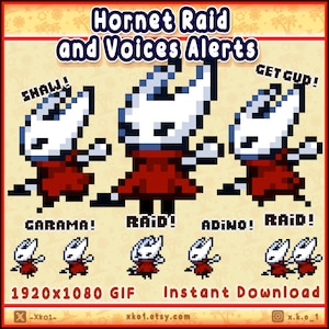 Könnte beinhalten: Pixeliges Bild des Charakters Hornet aus Hollow Knight in verschiedenen Posen. Der Charakter ist weiß und rot, mit Sprechblasen mit der Aufschrift "SHAW!" und "GET GUD!". Das Bild enthält auch den Text "Hornet Raid and Voices Alerts".