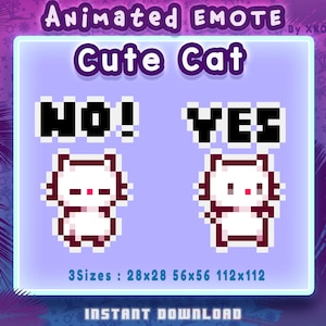 May include: Animated emote featuring a pixelated white cat with red accents. The image includes the words "NO!" and "YES" above the cat, with the cat's pose changing to reflect each word. The image also includes the text "Cute Cat" and "3 Sizes: 28x28 56x56 112x112".
