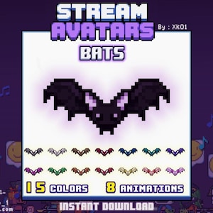 May include: Digital art graphic of a pixelated bat with outstretched wings, in a purple and black color scheme. The image is labeled "Stream Avatars Bats" and includes the text "15 Colors" and "8 Animations".
