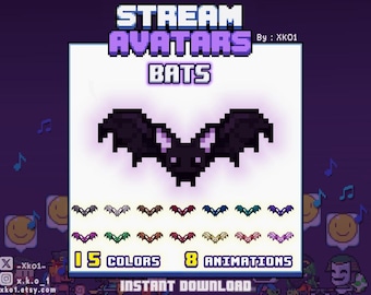 May include: Digital art graphic of a pixelated bat with outstretched wings, in a purple and black color scheme. The image is labeled "Stream Avatars Bats" and includes the text "15 Colors" and "8 Animations".
