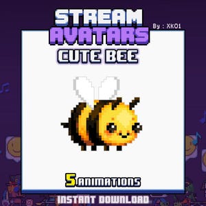 May include: A digital illustration of a cute bee, featuring yellow and black stripes, white wings, and a smiling face. The image is part of a "Stream Avatars" set, with the text "Cute Bee" and "5 Animations" displayed. The background is purple with musical notes and smiley faces.