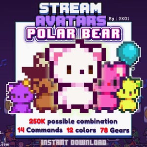 Może przedstawiać: Cyfrowa grafika przedstawiająca pixel art białego awatara niedźwiedzia polarnego w otoczeniu mniejszych wariantów niedźwiedzi w kolorach fioletowym, brązowym, różowym i żółtym. Tekst głosi STREAM AVATARS POLAR BEAR, 250K possible combination, 14 Commands, 12 colors, 78 Gears.