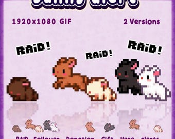 Może przedstawiać: Cyfrowy zestaw graficzny z królikami w stylu pixel art w kolorach brązowym, kremowym, czarnym i białym. Tekst zawiera Bunny alert, 1920x1080 GIF, 2 Versions, RAID! oraz RAID, Follower, Donation, Gift, Hype, alerts. Projekt zawiera różne pozy.