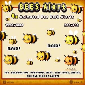 Alertas de transmisión con abejas animadas / Alerta de incursión en Twitch / Superposición de abejas en la transmisión / Alertas de abejas / Abejas de alerta con lindos diseños pixelados / Alertas 4x