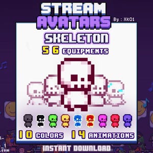 May include: Digital art featuring pixelated skeleton avatars in various colors and animations. The image includes the text "STREAM AVATARS SKELETON" with details on the number of equipments, colors, and animations available for instant download.