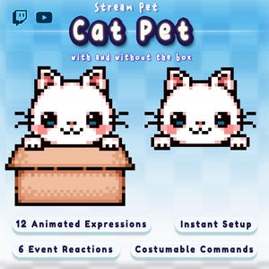 Transmisión de tu gato mascota, interactiva con tus espectadores, eventos y comandos, totalmente personalizable, widget de transmisión, gato blanco, gatito adorable, pixel art