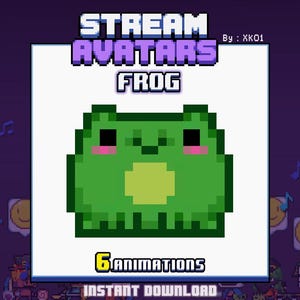 May include: A pixelated green frog avatar with pink cheeks and black eyes is centered on a white background. The text "STREAM AVATARS FROG" is at the top, with "6 ANIMATIONS" and "INSTANT DOWNLOAD" at the bottom.