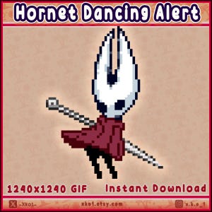May include: Pixelated image of a character from the game Hollow Knight, with the text "Hornet Dancing Alert." The character is white with a red cloak and is holding a needle. The image is a GIF and is 1240x1240 pixels.