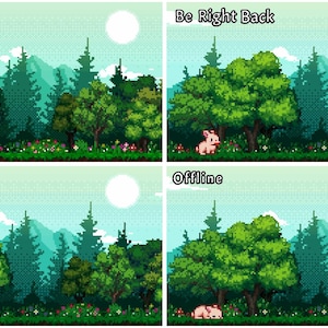 Pode incluir: Um gráfico digital de pixel art de quatro painéis apresentando uma paisagem florestal com árvores verdes, montanhas e um sol branco. Um pequeno coelho rosa aparece em várias poses com o texto Starting Soon, Be Right Back, Ending Soon e Offline.