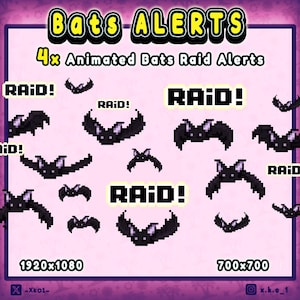 Könnte beinhalten: Eine digitale Grafik mit Pixel-Art-Fledermäusen in verschiedenen Posen sowie dem Text "Bats ALERTS", "4x Animated Bats Raid Alerts" und "RAiD!", der mehrfach erscheint. Unten sind die Maße "1920x1080" und "700x700" angegeben.