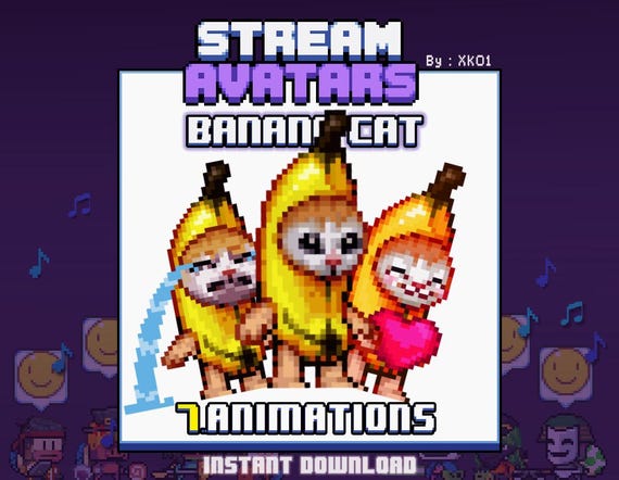 Cute Banana Cat Stream Avatar, Chibi Pixel Art Pet for Twitch
