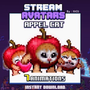 May include: Pixelated image of three "Appel Cat" avatars, each with a red apple-shaped head and a cat-like face. The image includes the text "Stream Avatars" and "7 Animations". The background is purple with musical notes.