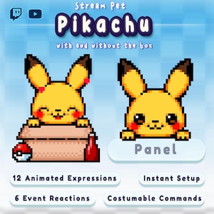 Pode incluir: Gráfico digital com Pikachu, um personagem animado amarelo, em duas versões: uma com caixa e outra sem. A imagem inclui o texto "Stream Pet Pikachu" e detalhes como "12 Animated Expressions" e "Instant Setup".