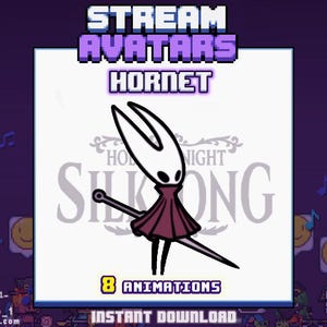 Op de afbeelding: Digitale illustratie van het personage Hornet uit het spel Hollow Knight: Silksong. Het personage is wit met een rode cape en een naald. De afbeelding bevat de tekst "STREAM AVATARS HORNET" en "8 ANIMATIONS INSTANT DOWNLOAD".