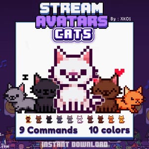 Könnte beinhalten: Digitalgrafik mit pixeligen Katzen-Avataren in verschiedenen Farben. Das Bild enthält den Text "STREAM AVATARS CATS" und Informationen zu 9 Befehlen und 10 Farben. Der Hintergrund ist dunkelviolett mit Noten und Smileys.