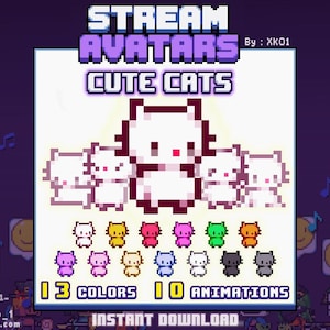 Peut inclure: Graphique d'art numérique avec des avatars de chats pixélisés de différentes couleurs. Le texte "STREAM AVATARS CUTE CATS" est affiché en haut. L'image comprend le texte "13 COULEURS 10 ANIMATIONS" et "TÉLÉCHARGEMENT INSTANTANÉ".