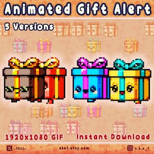 May include: Animated gift alert graphic with pixelated gift boxes in various colors, including brown, red, blue, and yellow. The image includes the text "5 Versions" and "1920x1080 GIF Instant Download". The Etsy shop name and social media handle are also visible.