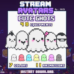 Op de afbeelding: Pixel art afbeelding met "STREAM AVATARS" en "CUTE GHOTS". De afbeelding toont verschillende witte spookkarakters met verschillende uitdrukkingen en accessoires. Hieronder zijn zeven kleurvariaties van de geesten. De afbeelding vermeldt ook "40 EQUIPMENTS" en "11 ANIMATIONS".