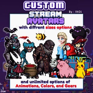 Può includere: Una collezione di avatar per stream in pixel art con vari personaggi tra cui un robot, una creatura blu, una figura incappucciata, un personaggio biondo, un maiale e una creatura elettrica gialla, con il testo CUSTOM STREAM AVATARS e By : XKO1.