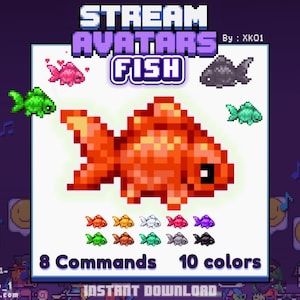 Könnte beinhalten: Pixel-Art-Grafik mit einem großen orangefarbenen Goldfisch, umgeben von kleineren Fischen in verschiedenen Farben. Der Text lautet "STREAM AVATARS FISH", "8 Commands 10 Farben" und "SOFORT-DOWNLOAD".
