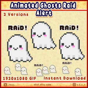 Könnte beinhalten: Digitales Bild von pixeligen Geistern mit dem Text "RAID!" und "Animated Ghosts Raid Alert". Das Bild enthält den Text "2 Versions", "1920x1080 GIF" und "Instant Download".