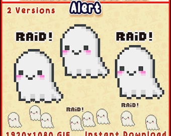 Może przedstawiać: Cyfrowa grafika przedstawiająca pikselowe duszki z napisem "RAID!" i "Animated Ghosts Raid Alert". Obraz zawiera tekst "2 Versions", "1920x1080 GIF" i "Instant Download".