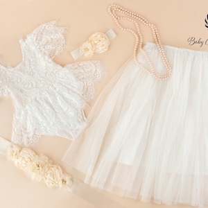 White Baptism Romper And Skirt, Christening Dress, Communion Gown, Baby White Dress, White Lace Baby Girl Romper, Baby Girl Long Tutu Skirt