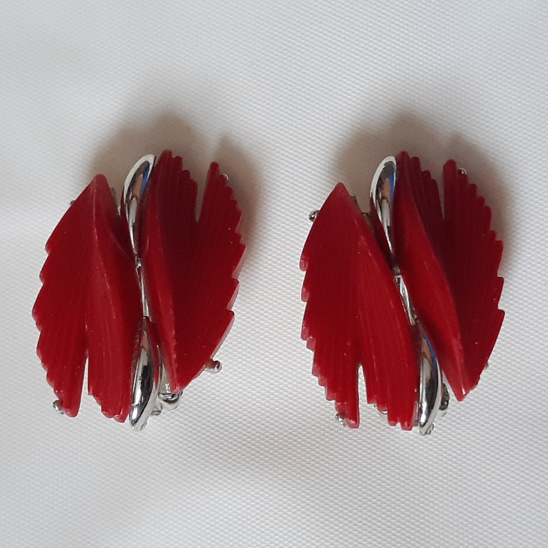 Vintage BSK Red Feather With Silver Accents Earrings Etsy