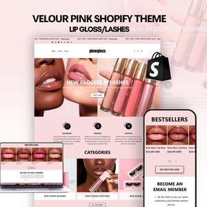 May include: A pink-themed website design mockup featuring lip gloss and lashes. The design includes a laptop, phone, and a shopping bag icon. Text includes "NEW GLOSSES & LASHES" and "BESTSELLERS".