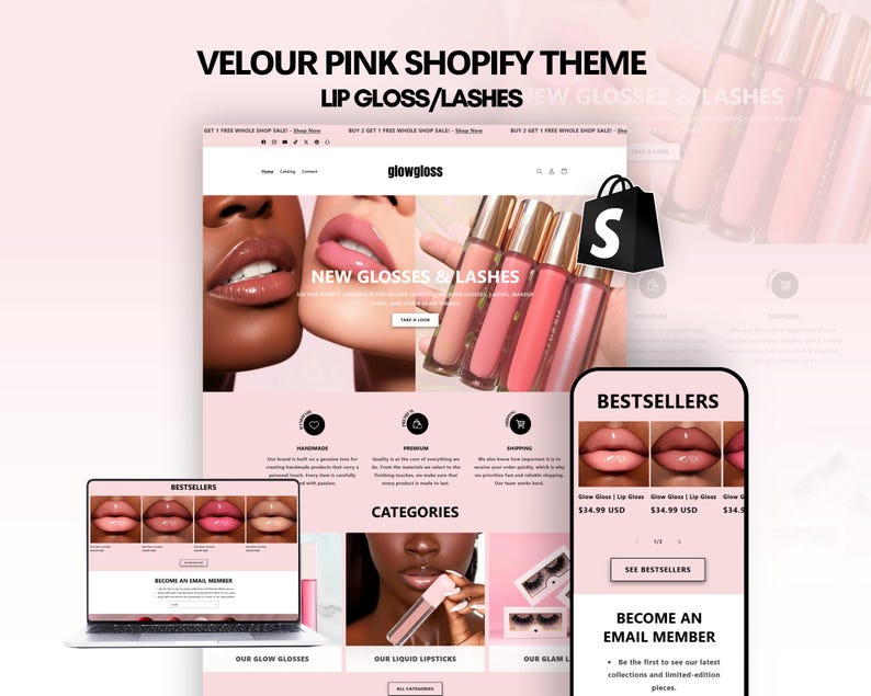 May include: A pink-themed website design mockup featuring lip gloss and lashes. The design includes a laptop, phone, and a shopping bag icon. Text includes "NEW GLOSSES & LASHES" and "BESTSELLERS".