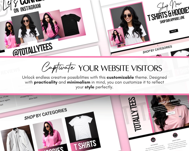 May include: Website design featuring a pink and white color scheme. The design showcases t-shirts and hoodies, with the text "Shop Now T Shirts & Hoodies". The text "@TOTALLYTEES" is also visible.