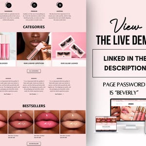 May include: A pink website layout displaying beauty products. Categories include lip glosses, liquid lipsticks, and glam lashes. The text "View the Live Demo" and "Linked in the Description" are visible, with the page password "BEVERLY".