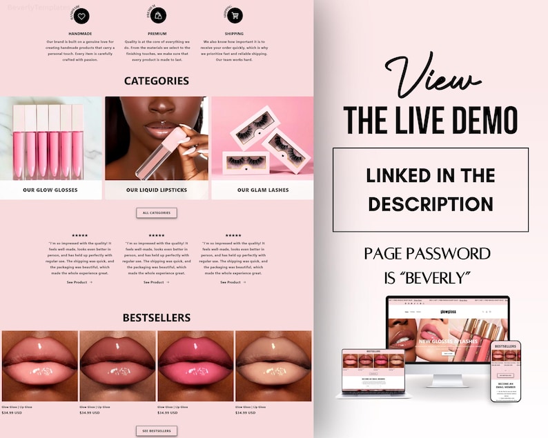 May include: A pink website layout displaying beauty products. Categories include lip glosses, liquid lipsticks, and glam lashes. The text "View the Live Demo" and "Linked in the Description" are visible, with the page password "BEVERLY".