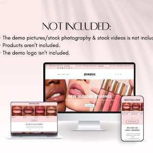 May include: A digital mockup of a website, displayed on a desktop computer, a laptop, and a smartphone. The website features images of lip gloss and the text "NEW GLOSSES & LASHES". The laptop and smartphone show "BESTSELLERS" and "BECOME AN EMAIL MEMBER".