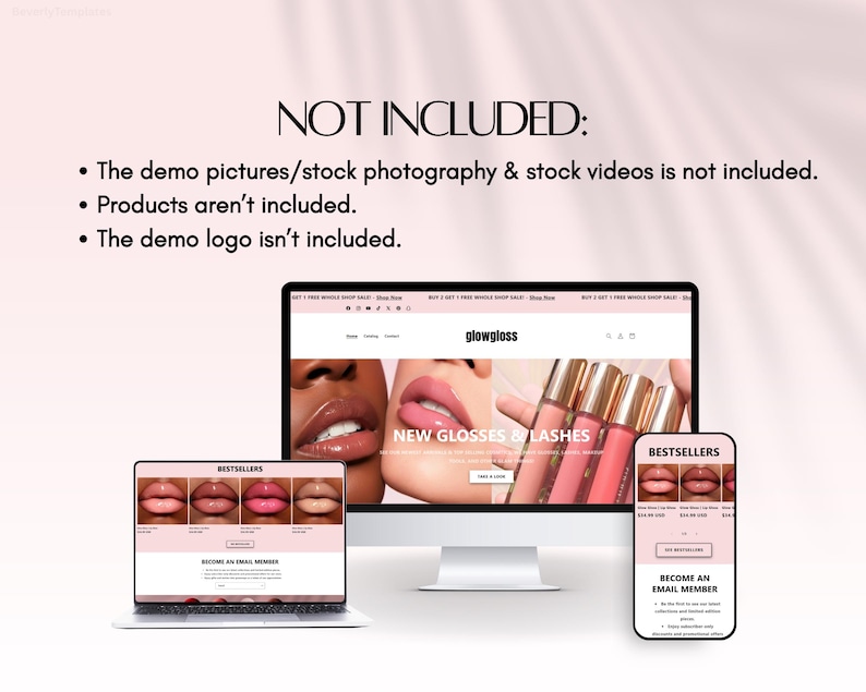 May include: A digital mockup of a website, displayed on a desktop computer, a laptop, and a smartphone. The website features images of lip gloss and the text "NEW GLOSSES & LASHES". The laptop and smartphone show "BESTSELLERS" and "BECOME AN EMAIL MEMBER".