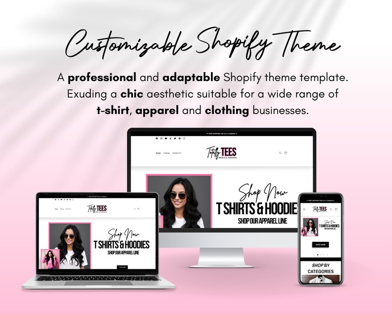 May include: A digital mockup showcasing a customizable Shopify theme on a laptop, desktop monitor, and smartphone. The theme is designed for t-shirt, apparel, and clothing businesses. The text reads "Customizable Shopify Theme."