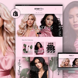 K&ouml;nnte beinhalten: Website-Startseite f&uuml;r Bethany Hair, ein Unternehmen f&uuml;r Haarverl&auml;ngerungen. Die Website hat einen rosa Hintergrund mit einem Model, das lange blonde Haare tr&auml;gt. Der Text "Neue Bundles" wird in gro&szlig;er Schrift angezeigt. Die Website bietet auch einen Bereich f&uuml;r "Shop Our Collections" mit Bildern von Haarverl&auml;ngerungen und Haarpflegeprodukten.