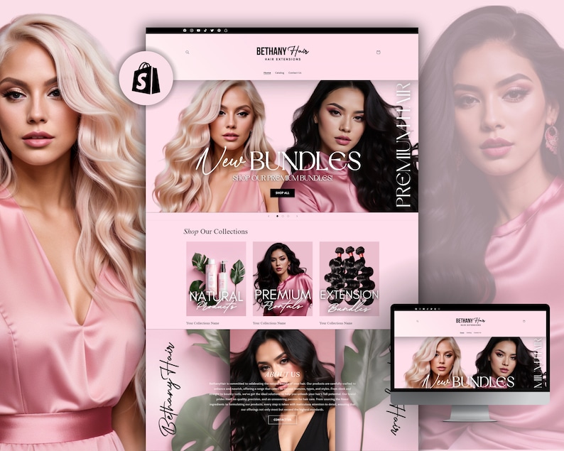 K&ouml;nnte beinhalten: Website-Startseite f&uuml;r Bethany Hair, ein Unternehmen f&uuml;r Haarverl&auml;ngerungen. Die Website hat einen rosa Hintergrund mit einem Model, das lange blonde Haare tr&auml;gt. Der Text "Neue Bundles" wird in gro&szlig;er Schrift angezeigt. Die Website bietet auch einen Bereich f&uuml;r "Shop Our Collections" mit Bildern von Haarverl&auml;ngerungen und Haarpflegeprodukten.