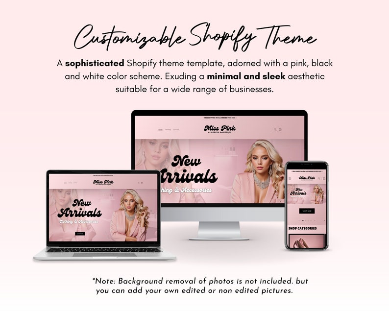 May include: A customizable Shopify theme template with a pink, black, and white color scheme. The template features a website design with the text "Miss Pink" and "New Arrivals" in a retro font style.