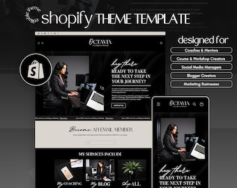 May include: A Shopify theme template with the text "Shopify Theme Template" in white. The design includes a website and mobile phone mockup, with the text "hey there READY TO TAKE THE NEXT STEP IN YOUR JOURNEY?" and "designed for Coaches & Mentors".