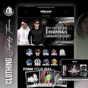 Könnte beinhalten: Eine Website-Startseite für einen Online-Bekleidungsladen namens "Apparel Bass". Die Website hat einen schwarzen Hintergrund mit weißem Text und Bildern von Kleidung. Der Text "Brand New Wardrobe Essentials" wird in großen weißen Buchstaben angezeigt. Der Text "Flash Sale! Buy 2 Get 1 40% Off" wird unter dem Haupttext angezeigt. Die Website bietet eine Vielzahl von Kleidungsstücken, darunter Hoodies, T-Shirts, Jeans und Schuhe. Die Website bietet auch einen Bereich für "Form Your Full Summer Fit".
