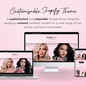 K&ouml;nnte beinhalten: Eine anpassbare Shopify-Theme-Vorlage f&uuml;r Haar-, Beauty- und Modeunternehmen. Das Website-Design verf&uuml;gt &uuml;ber einen rosa Hintergrund mit einer minimalistischen &Auml;sthetik. Die Website-Kopfzeile zeigt den Text "BETHANY Hair" und der Text "Neue Bundles" wird prominent auf der Startseite angezeigt.