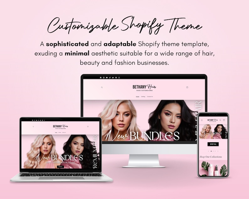 K&ouml;nnte beinhalten: Eine anpassbare Shopify-Theme-Vorlage f&uuml;r Haar-, Beauty- und Modeunternehmen. Das Website-Design verf&uuml;gt &uuml;ber einen rosa Hintergrund mit einer minimalistischen &Auml;sthetik. Die Website-Kopfzeile zeigt den Text "BETHANY Hair" und der Text "Neue Bundles" wird prominent auf der Startseite angezeigt.