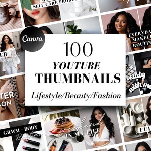 Puede incluir: Un collage de 100 miniaturas de YouTube para contenido de estilo de vida, belleza y moda. Las miniaturas presentan a varias mujeres, maquillaje, moda y temas de estilo de vida. El texto "100 YOUTUBE THUMBNAILS Lifestyle/Beauty/Fashion" se muestra en el centro del collage.