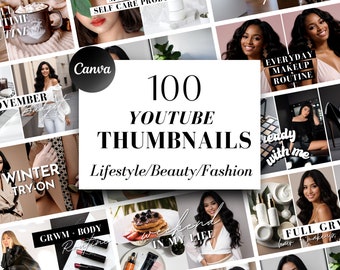 May include: A collage of 100 YouTube thumbnail images for lifestyle, beauty, and fashion content. The thumbnails feature various women, makeup, fashion, and lifestyle themes. The text "100 YOUTUBE THUMBNAILS Lifestyle/Beauty/Fashion" is displayed in the center of the collage.