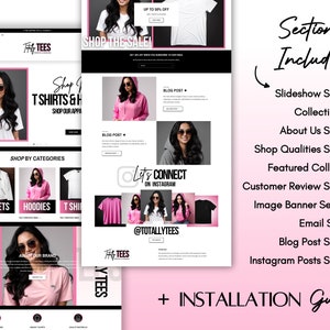 May include: A website design layout for an e-commerce store, featuring a pink and black color scheme. The design includes sections for apparel, blog posts, and Instagram integration. The text includes "Shop T-shirts & Hoodies" and "Shop the Sale!"