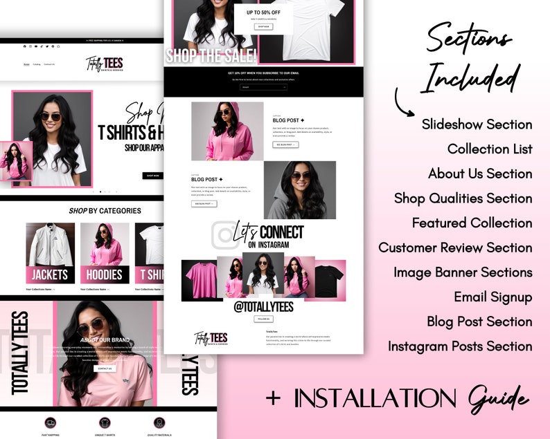 May include: A website design layout for an e-commerce store, featuring a pink and black color scheme. The design includes sections for apparel, blog posts, and Instagram integration. The text includes "Shop T-shirts & Hoodies" and "Shop the Sale!"