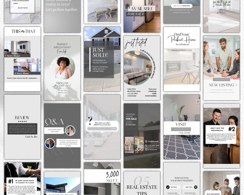 May include: A collage of images promoting real estate services. The images feature houses, a real estate agent, and text about buying and selling homes. The text includes phrases like "Just Sold!" and "Find Your Perfect Home".